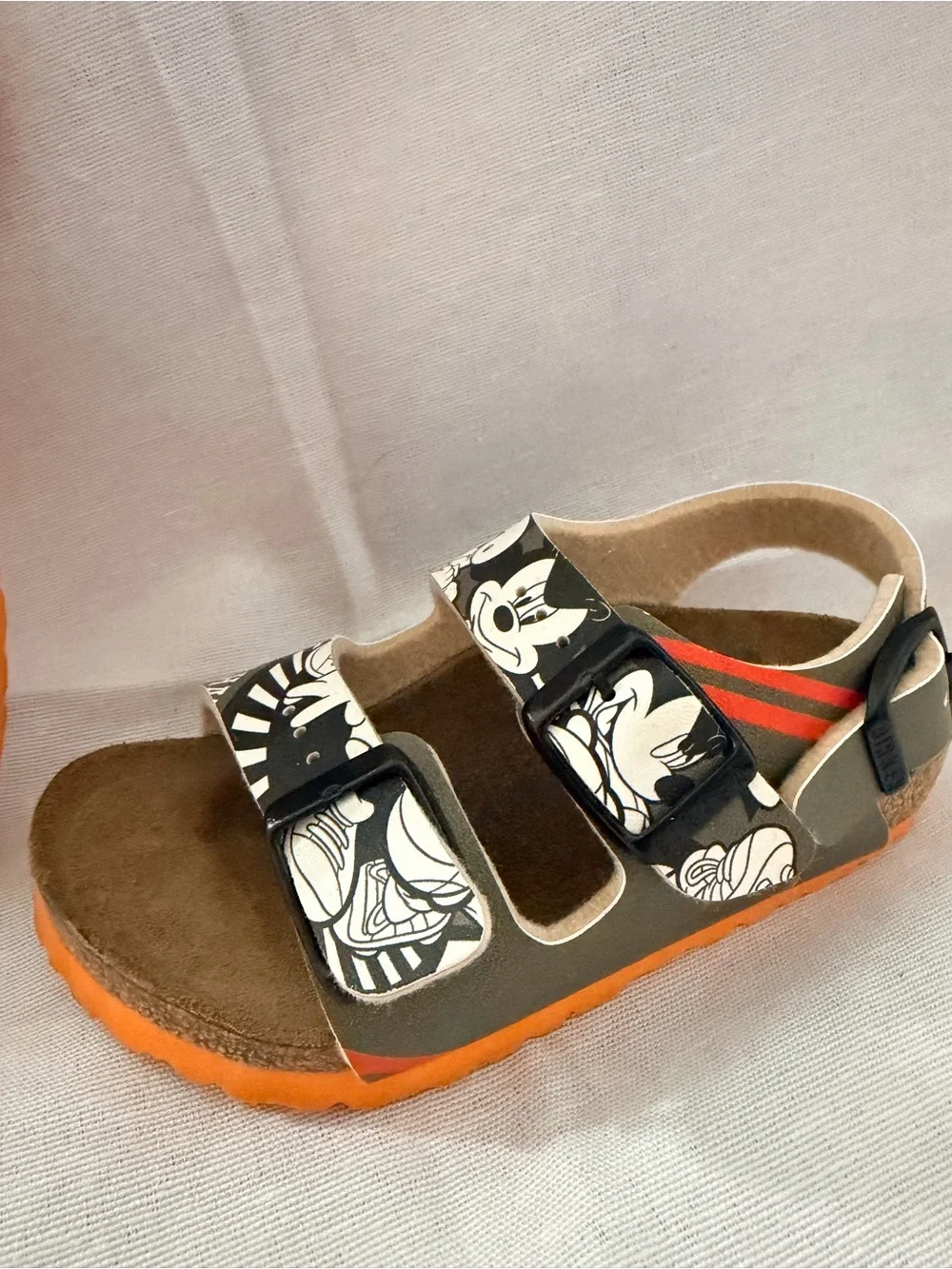Mikey BirkenstockKids Cartoon-Print Sandal in Black, Orange and White